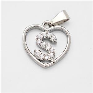 Copper Heart Pendant Pave Zirconia Letter-S Platinum Plated, approx 16mm