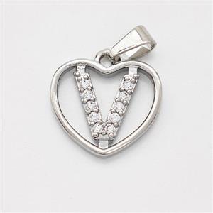 Copper Heart Pendant Pave Zirconia Letter-V Platinum Plated, approx 16mm