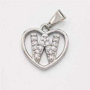 Copper Heart Pendant Pave Zirconia Letter-W Platinum Plated, approx 16mm