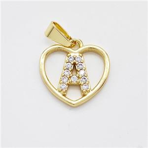 Copper Heart Pendant Pave Zirconia Letter-A Gold Plated, approx 16mm