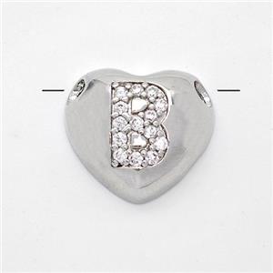 Copper Heart Pendant Pave Zirconia Letter-B Large Hole Platinum Plated, approx 16mm, 3mm hole