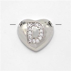 Copper Heart Pendant Pave Zirconia Letter-D Large Hole Platinum Plated, approx 16mm, 3mm hole