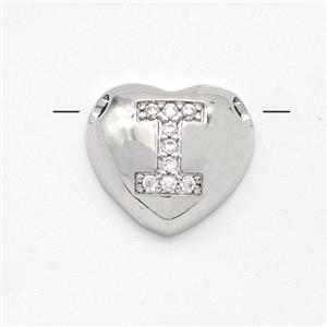 Copper Heart Pendant Pave Zirconia Letter-I Large Hole Platinum Plated, approx 16mm, 3mm hole