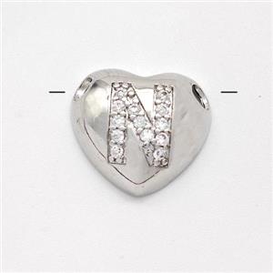 Copper Heart Pendant Pave Zirconia Letter-N Large Hole Platinum Plated, approx 16mm, 3mm hole