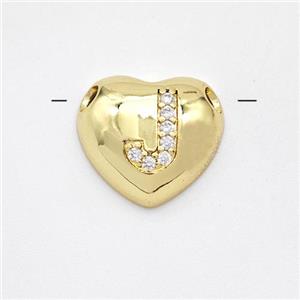 Copper Heart Pendant Pave Zirconia Letter-J Large Hole Gold Plated, approx 16mm, 3mm hole