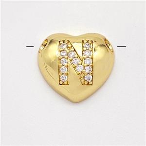 Copper Heart Pendant Pave Zirconia Letter-N Large Hole Gold Plated, approx 16mm, 3mm hole