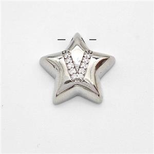 Copper Star Pendant Pave Zirconia Letter-V Large Hole Platinum Plated, approx 16mm, 3mm hole