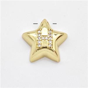 Copper Star Pendant Pave Zirconia Letter-H Large Hole Gold Plated, approx 16mm, 3mm hole