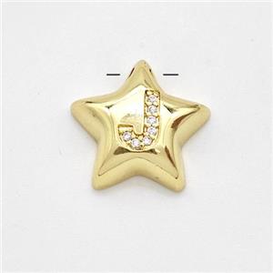 Copper Star Pendant Pave Zirconia Letter-J Large Hole Gold Plated, approx 16mm, 3mm hole