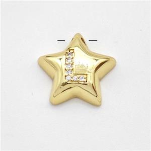 Copper Star Pendant Pave Zirconia Letter-L Large Hole Gold Plated, approx 16mm, 3mm hole