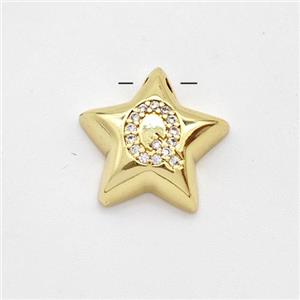 Copper Star Pendant Pave Zirconia Letter-Q Large Hole Gold Plated, approx 16mm, 3mm hole