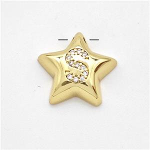 Copper Star Pendant Pave Zirconia Letter-S Large Hole Gold Plated, approx 16mm, 3mm hole