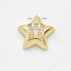 Copper Star Pendant Pave Zirconia Letter-W Large Hole Gold Plated, approx 16mm, 3mm hole