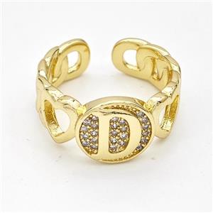 Copper Ring Pave Zirconia Letter-D Gold Plated, approx 12mm, 18mm dia