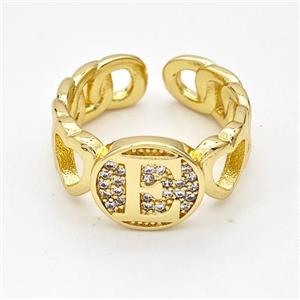 Copper Ring Pave Zirconia Letter-E Gold Plated, approx 12mm, 18mm dia