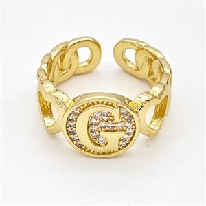 Copper Ring Pave Zirconia Letter-G Gold Plated, approx 12mm, 18mm dia