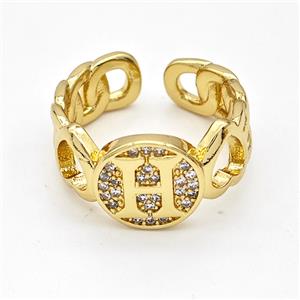 Copper Ring Pave Zirconia Letter-H Gold Plated, approx 12mm, 18mm dia