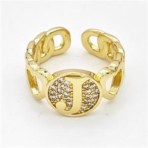 Copper Ring Pave Zirconia Letter-J Gold Plated, approx 12mm, 18mm dia