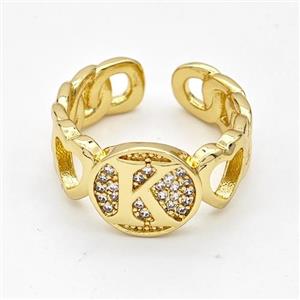 Copper Ring Pave Zirconia Letter-K Gold Plated, approx 12mm, 18mm dia
