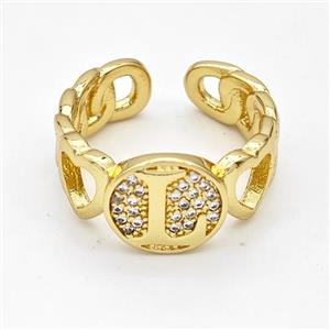 Copper Ring Pave Zirconia Letter-L Gold Plated, approx 12mm, 18mm dia