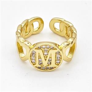 Copper Ring Pave Zirconia Letter-M Gold Plated, approx 12mm, 18mm dia