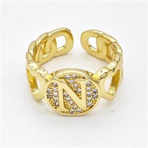 Copper Ring Pave Zirconia Letter-N Gold Plated, approx 12mm, 18mm dia