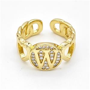 Copper Ring Pave Zirconia Letter-W Gold Plated, approx 12mm, 18mm dia