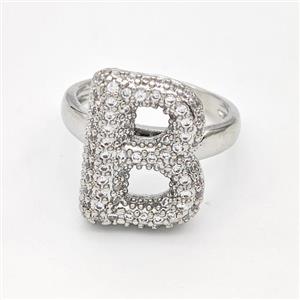 Copper Ring Pave Zirconia Letter-B Platinum Plated, approx 14-19mm, 18mm dia