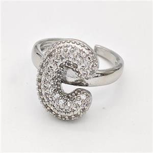 Copper Ring Pave Zirconia Letter-C Platinum Plated, approx 14-19mm, 18mm dia