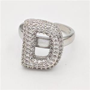 Copper Ring Pave Zirconia Letter-D Platinum Plated, approx 14-19mm, 18mm dia