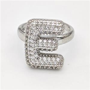 Copper Ring Pave Zirconia Letter-E Platinum Plated, approx 14-19mm, 18mm dia