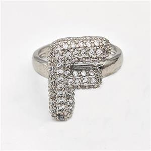 Copper Ring Pave Zirconia Letter-F Platinum Plated, approx 14-19mm, 18mm dia