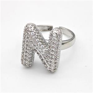 Copper Ring Pave Zirconia Letter-N Platinum Plated, approx 14-19mm, 18mm dia