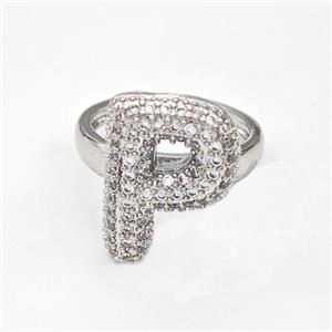 Copper Ring Pave Zirconia Letter-P Platinum Plated, approx 14-19mm, 18mm dia