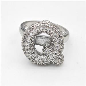 Copper Ring Pave Zirconia Letter-Q Platinum Plated, approx 14-19mm, 18mm dia