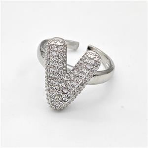 Copper Ring Pave Zirconia Letter-V Platinum Plated, approx 14-19mm, 18mm dia