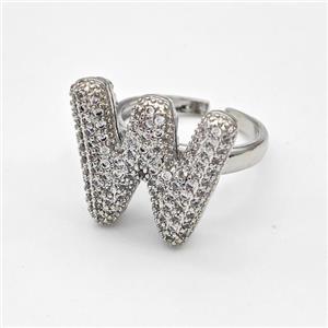 Copper Ring Pave Zirconia Letter-W Platinum Plated, approx 14-19mm, 18mm dia