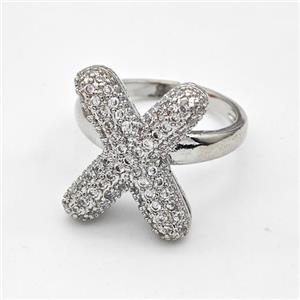 Copper Ring Pave Zirconia Letter-X Platinum Plated, approx 14-19mm, 18mm dia