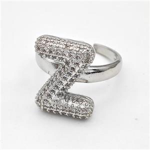 Copper Ring Pave Zirconia Letter-Z Platinum Plated, approx 14-19mm, 18mm dia