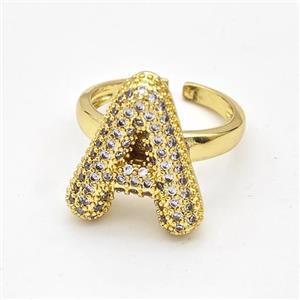 Copper Ring Pave Zirconia Letter-A Gold Plated, approx 14-19mm, 18mm dia