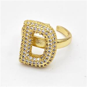 Copper Ring Pave Zirconia Letter-D Gold Plated, approx 14-19mm, 18mm dia