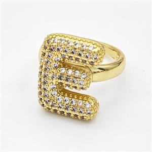 Copper Ring Pave Zirconia Letter-E Gold Plated, approx 14-19mm, 18mm dia