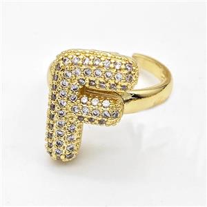 Copper Ring Pave Zirconia Letter-F Gold Plated, approx 14-19mm, 18mm dia