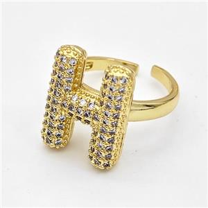 Copper Ring Pave Zirconia Letter-H Gold Plated, approx 14-19mm, 18mm dia