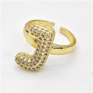 Copper Ring Pave Zirconia Letter-J Gold Plated, approx 14-19mm, 18mm dia