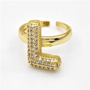 Copper Ring Pave Zirconia Letter-L Gold Plated, approx 14-19mm, 18mm dia