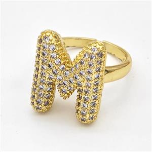 Copper Ring Pave Zirconia Letter-M Gold Plated, approx 14-19mm, 18mm dia