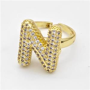 Copper Ring Pave Zirconia Letter-N Gold Plated, approx 14-19mm, 18mm dia