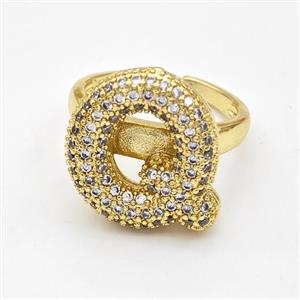 Copper Ring Pave Zirconia Letter-Q Gold Plated, approx 14-19mm, 18mm dia