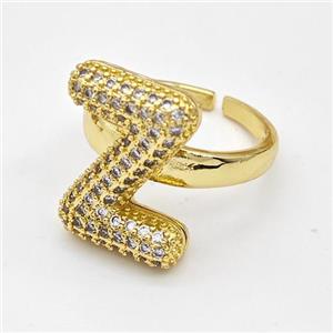 Copper Ring Pave Zirconia Letter-Z Gold Plated, approx 14-19mm, 18mm dia